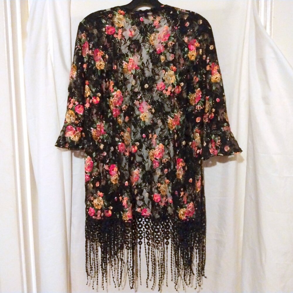 Sweet Rain Floral Mesh Fringe Kimono Beach Cover-Up M Whimsigoth Boho Festival - Picture 7 of 10